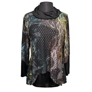 Shana Paisley Cowl Neck Tunic Top Mixed Media Colorful Boho Lagenlook Size M NWT